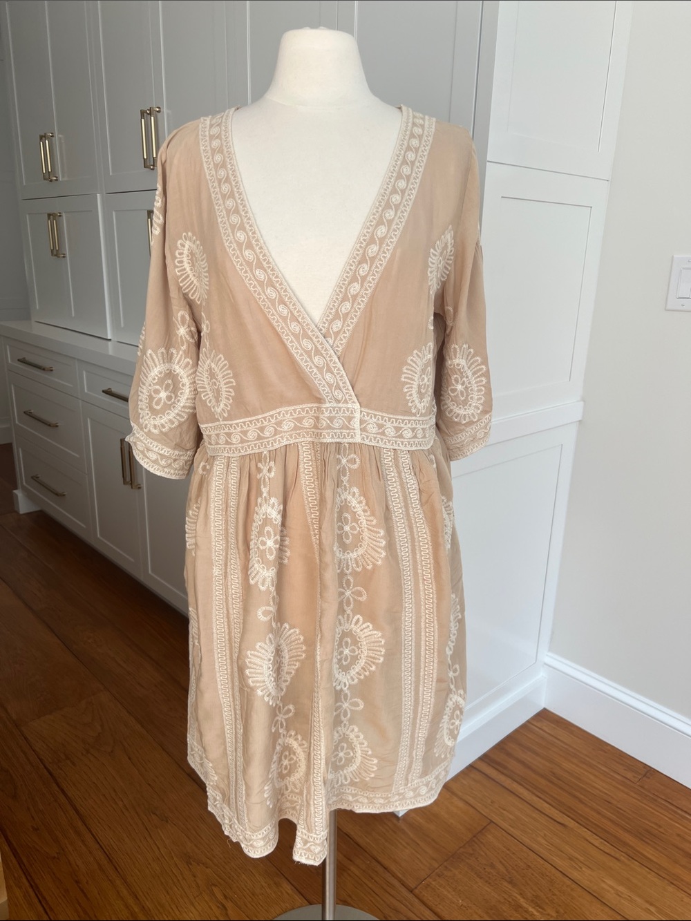 Solitaire Beige Embroidered V-Neck Women's Swim Coverup